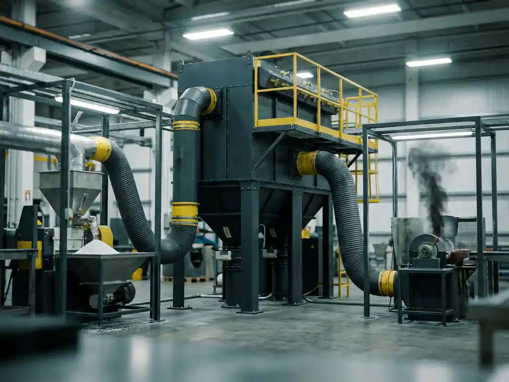 Industrielle Absauganlage mit zwei Ansaugschläuchen an Kunststoffbearbeitungsmaschinen in einer Fabrikhalle, Stahlgehäuse in Anthrazit und Gelb.