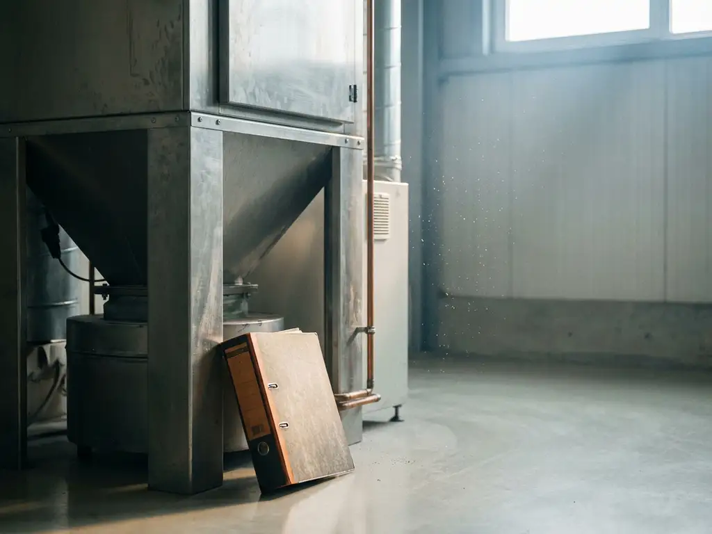 Industrielle Absauganlage auf Fabrikboden mit Compliance-Ordner, Metallstaubpartikel im Lichtstrahl eines Fabrikfensters.