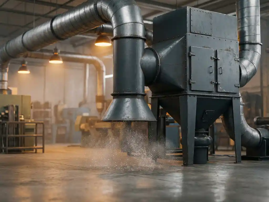 Industrielle Absauganlage mit Filtergehäuse und Rohrsystem auf Fabrikboden, feine Metallstaubpartikel werden in die Absaughaube gezogen.