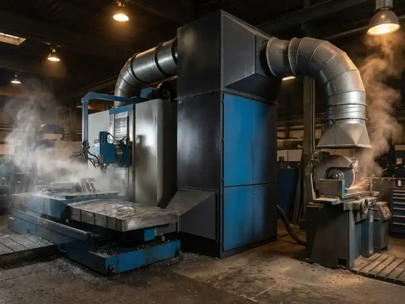 Industrielle Absauganlage verbindet CNC-Fräsmaschine mit Kühlmittelnebel und Schleifrad mit Staubentwicklung in Fabrikhalle.