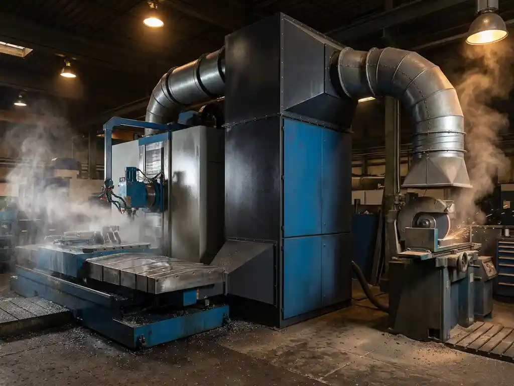 Industrielle Absauganlage verbindet CNC-Fräsmaschine mit Kühlmittelnebel und Schleifrad mit Staubentwicklung in Fabrikhalle.