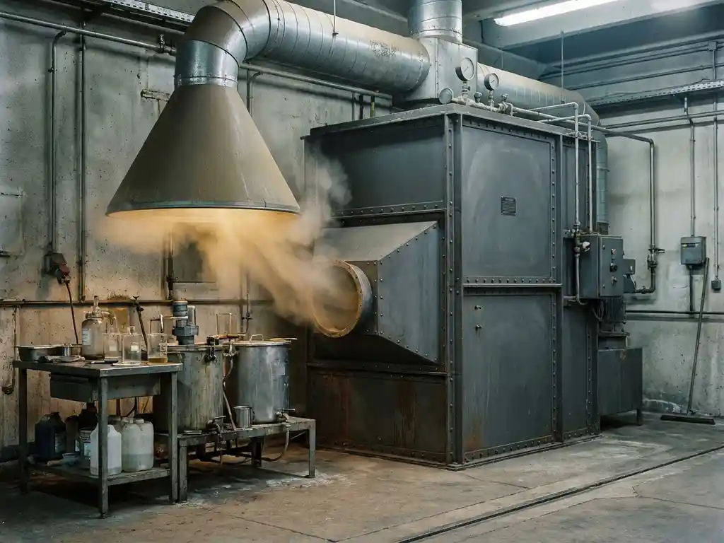 Industrielle Absauganlage an Fabrikwand zieht gelbliche Lösungsmitteldämpfe von Chemikalienmischstation in Stahlumgebung ab.