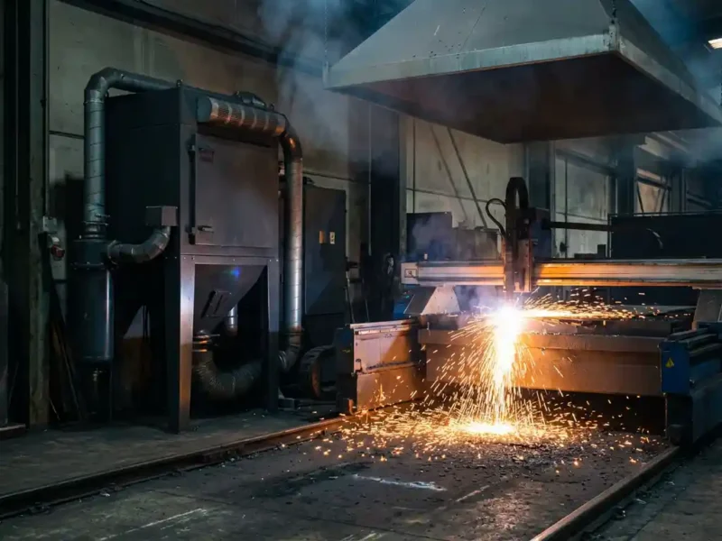 Industrielle Absauganlage neben einer Plasmaschneidstation mit orangefarbenen Funken und aufsteigenden Schweißrauchen in einer Fabrikhalle.