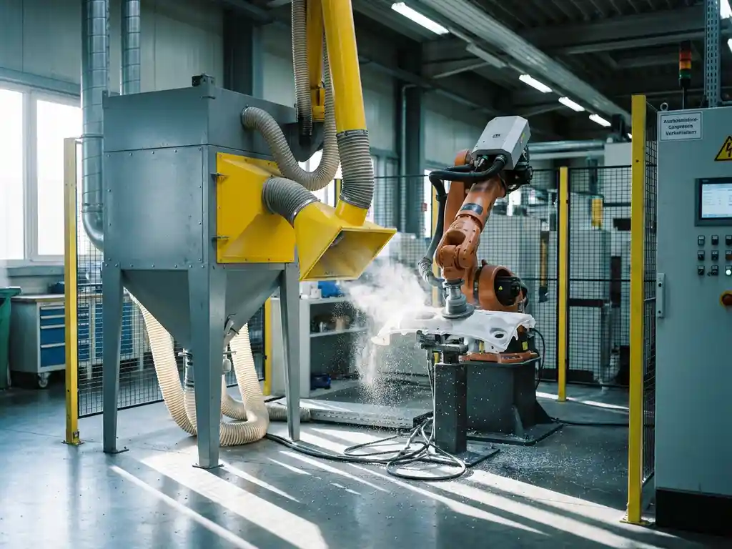 Industrielle Absauganlage neben einem Roboterarm beim Schleifen eines Kunststoffbauteils, feiner weißer Staub wird in die Absaughaube gezogen.