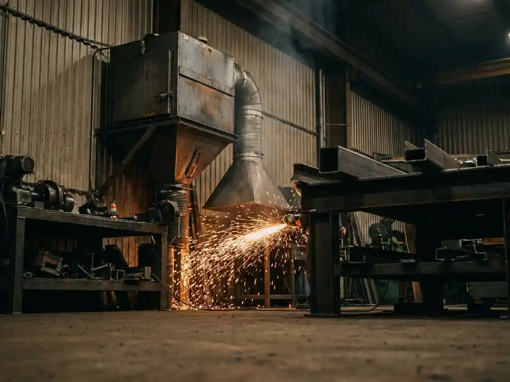 Industrielle Absauganlage an Werkstattwand fängt Funken vom Winkelschleifen auf, Stahlwerkbänke im Hintergrund.