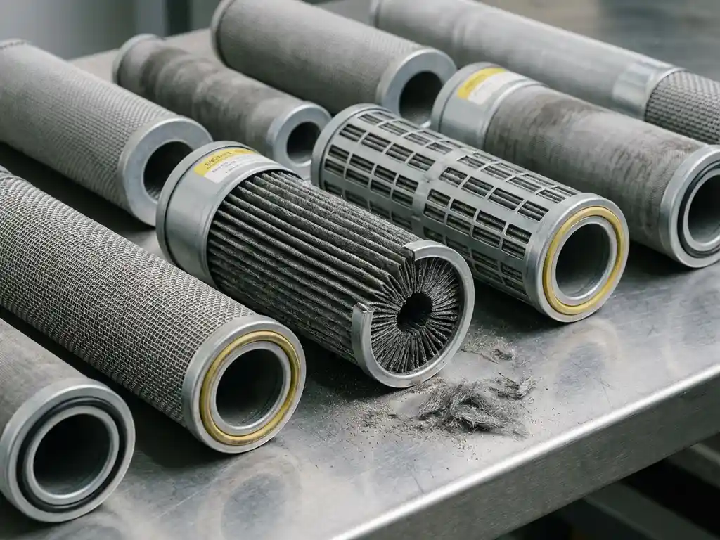 Industrielle Filterpatronen verschiedener Größen auf Stahloberfläche, eine demontiert mit sichtbarem Faserinneren und feinem Metallstaub.