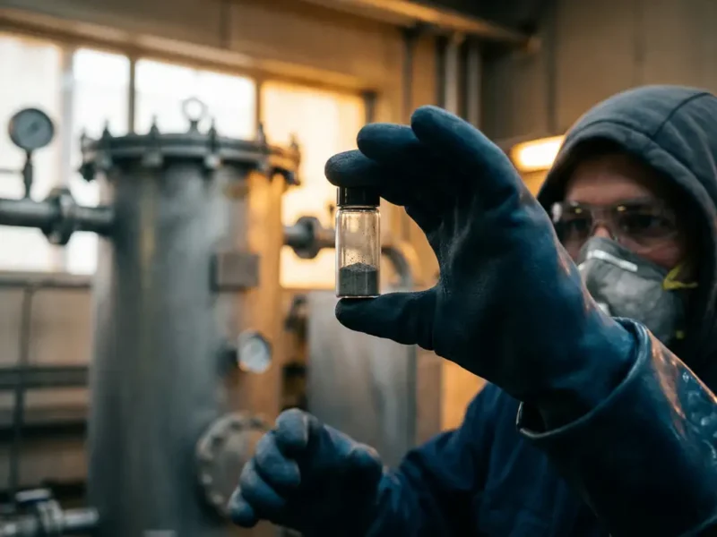 Techniker mit Schutzhandschuhen hält Glasfläschchen mit dunklem Industriepartikelstaub vor Filteranlage im Hintergrund.