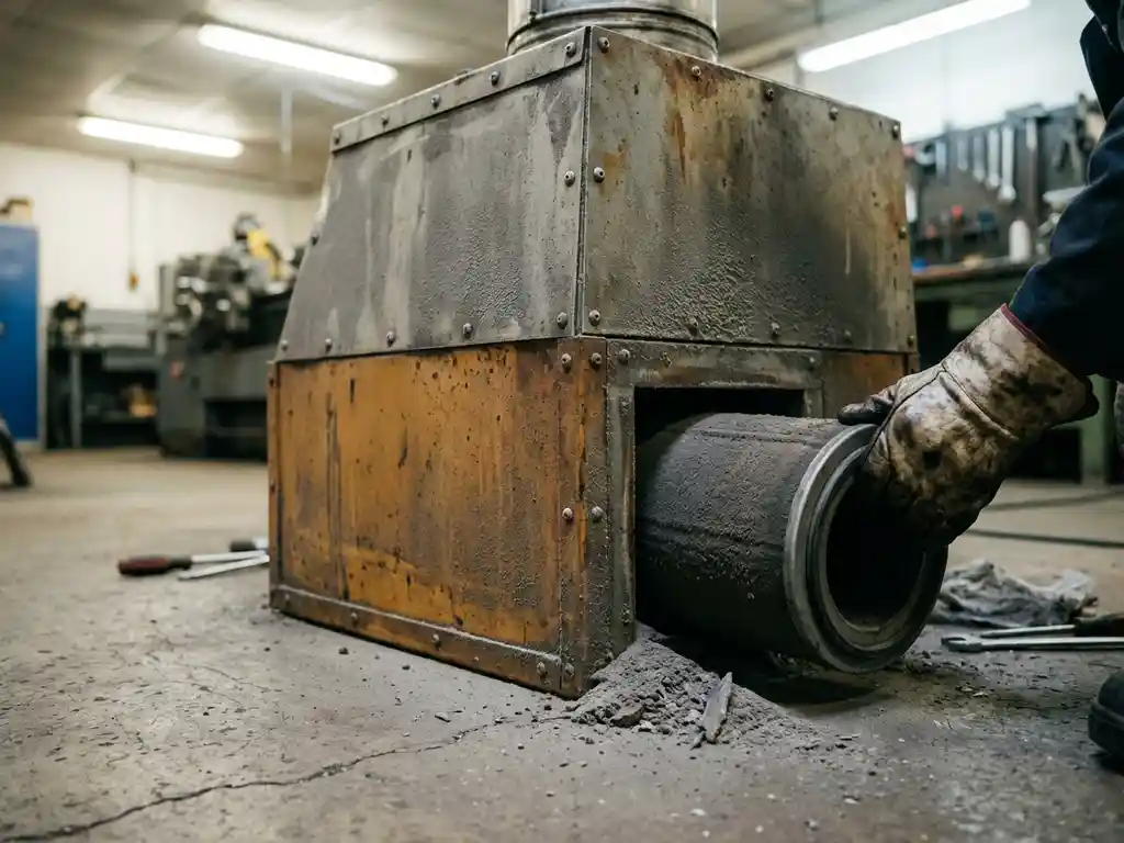 Techniker inspiziert verstopfte Filterkartusche einer Industrieabsauganlage auf Betonboden einer Fabrikhalle.