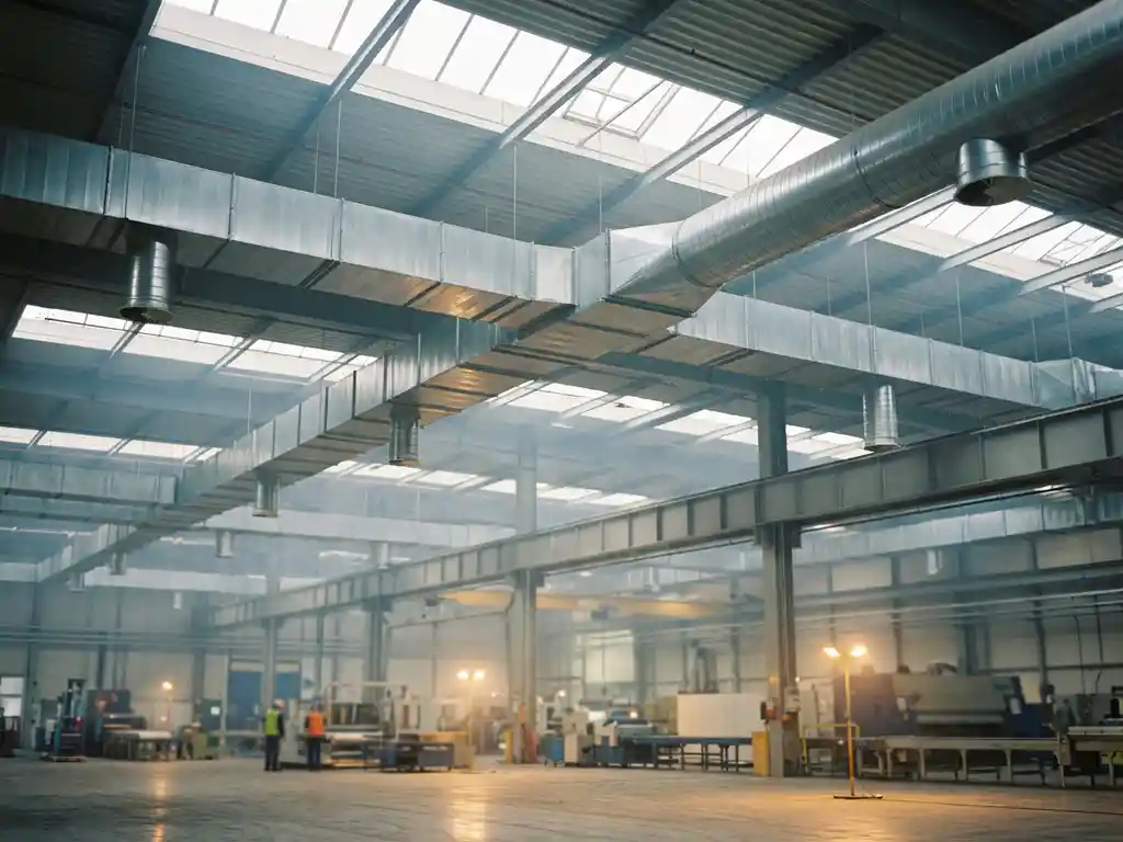 Industrielle Lüftungskanäle aus Metall an der Decke einer großen Fabrikhalle mit Produktionsbereich und Oberlichtfenstern.