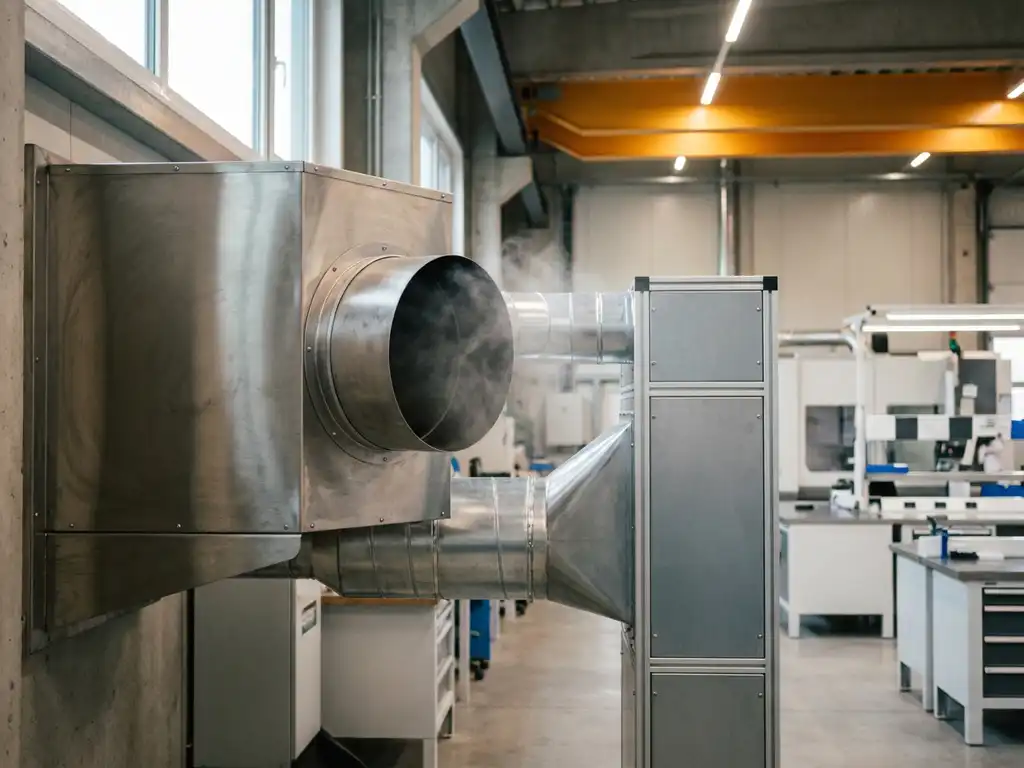 Industrielle Absauganlage mit Edelstahlrohren filtert Aerosole in moderner Werkstatt bei warmem Umgebungslicht.