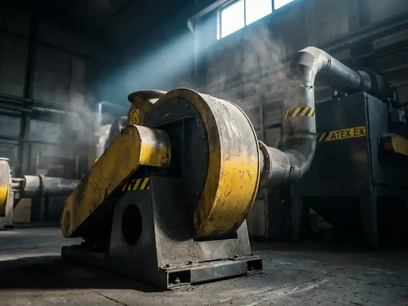 Industrielle ATEX-Absauganlage in Fabrikhalle mit schwebenden Metallstaubpartikeln und gelben Gefahrenkennzeichnungen im Gegenlicht.
