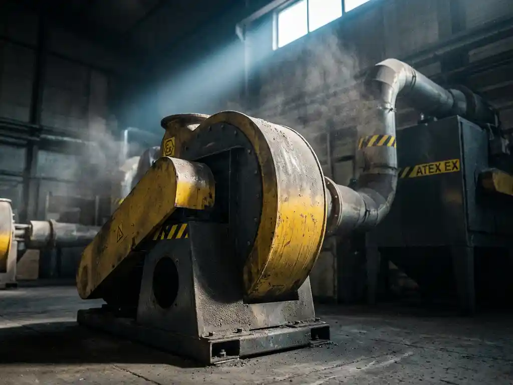 Industrielle ATEX-Absauganlage in Fabrikhalle mit schwebenden Metallstaubpartikeln und gelben Gefahrenkennzeichnungen im Gegenlicht.