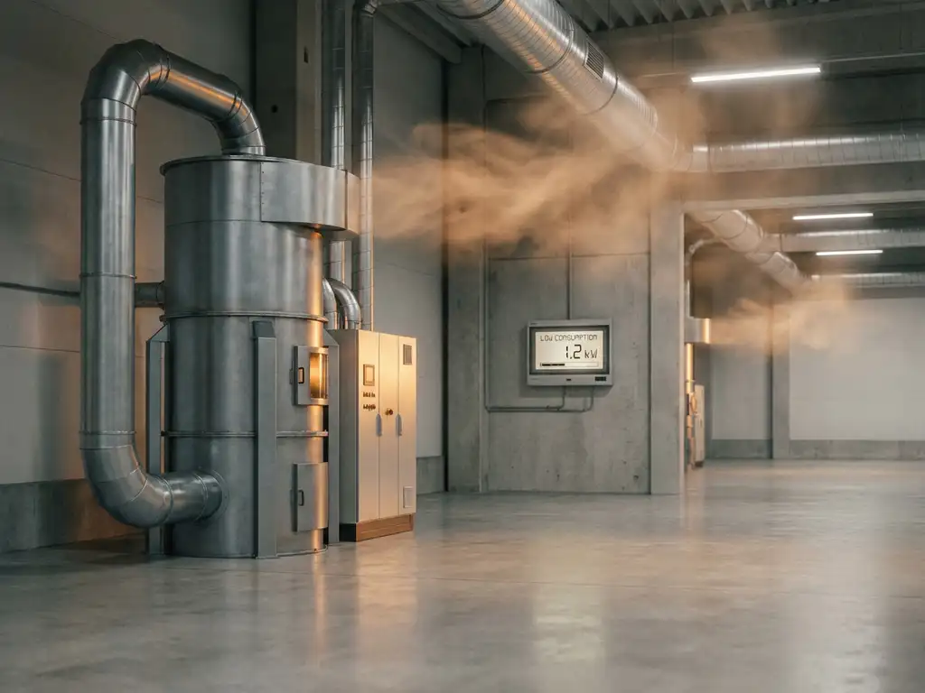 Industrielle Absauganlage in einer modernen Fabrikhalle mit Deckenkanälen und Energiemessgerät an der Wand.
