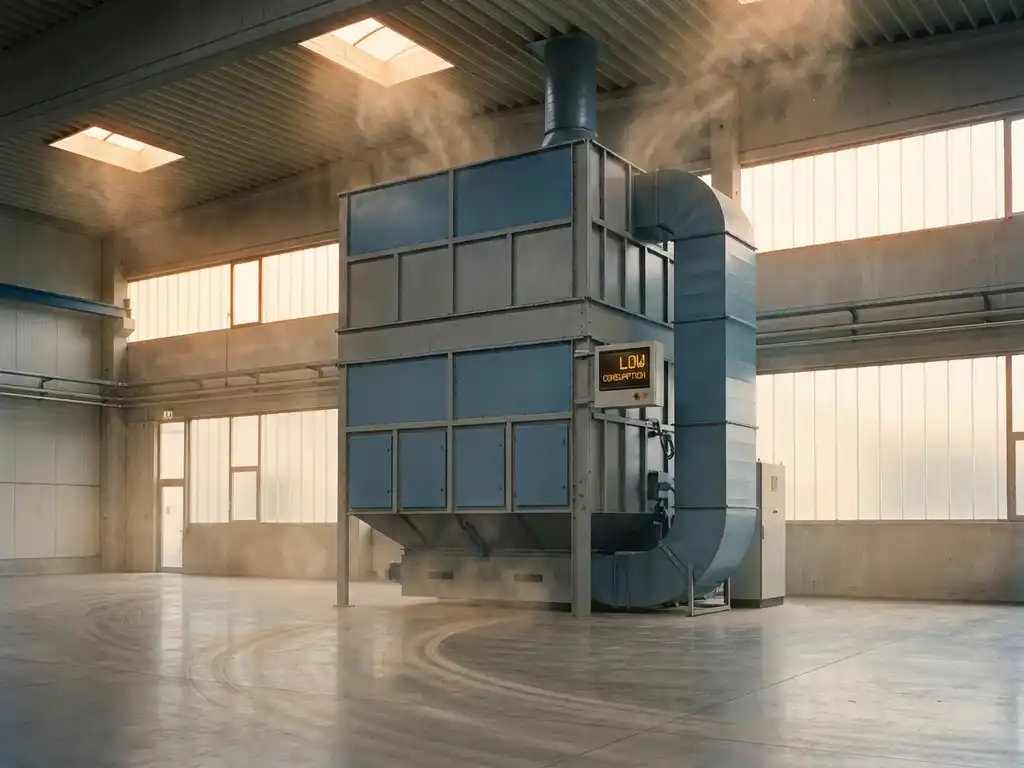 Industrielle Absauganlage in Fabrikhalle mit Energiezähler am Stahlgehäuse und warmer Umluft an Deckenöffnungen.