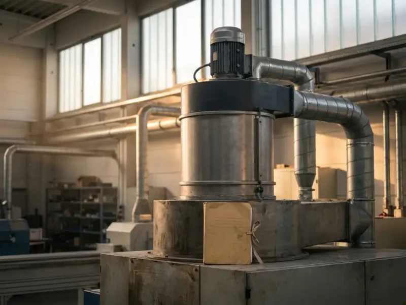 Industrielle Absauganlage in einer deutschen Fabrikhalle mit Metallkanälen, Dokumentenmappe an der Maschinenbasis, natürliches Licht.