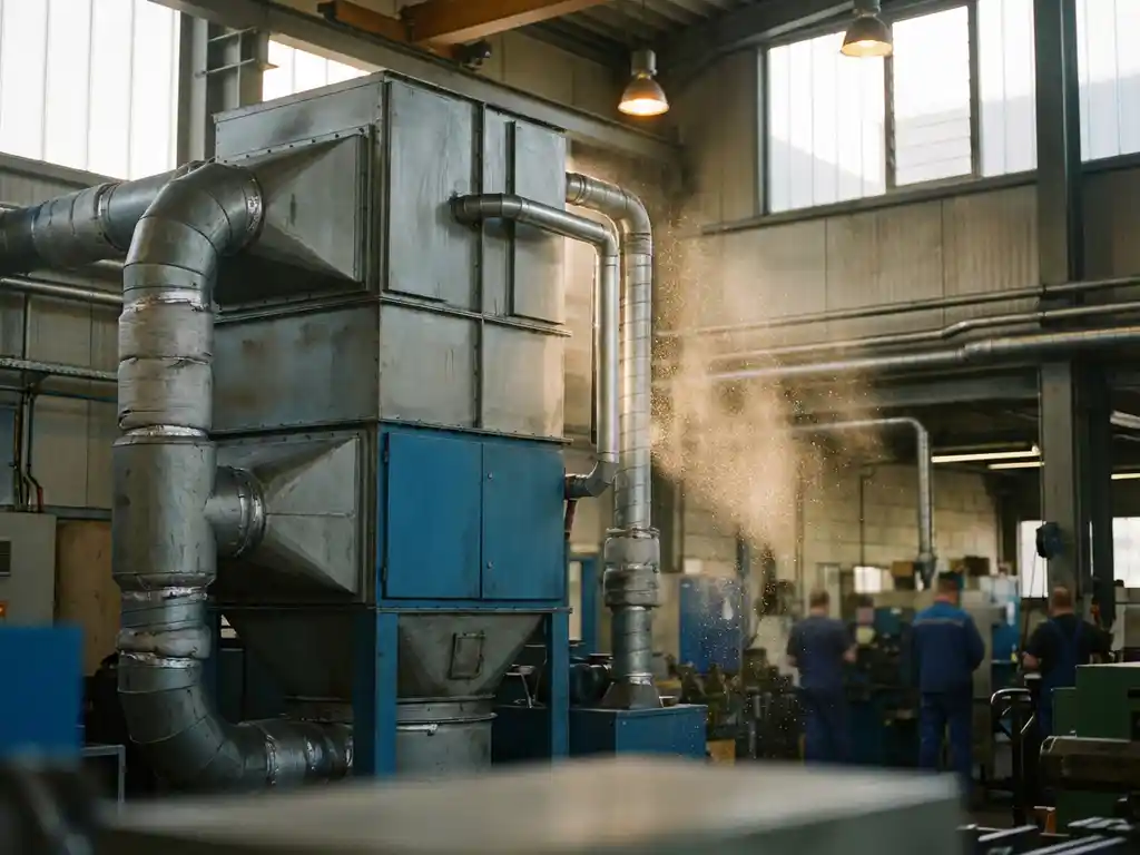 Modulare Industrieabsauganlage mit gestapelten Filtermodulen und Rohranschlüssen in einer deutschen Fertigungshalle, feiner Metallstaub im Lichtstrahl.