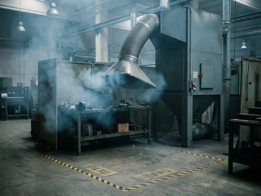 Industrielle Absauganlage auf Fabrikboden zieht Gefahrstoffdämpfe über Metallwerkbank ein, gelbe Warnmarkierungen auf Betonboden sichtbar.