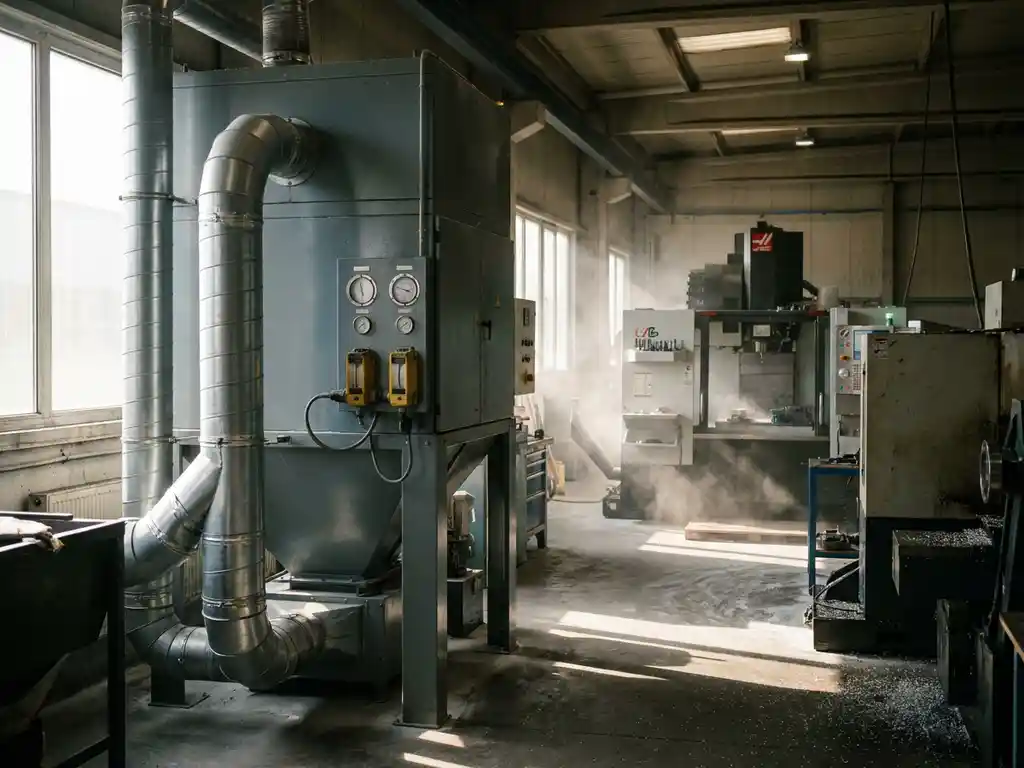 Industrielle Absauganlage mit Silberkanälen neben CNC-Fräsmaschine, weißer Polymerstaub in der Luft einer Kunststofffabrik.