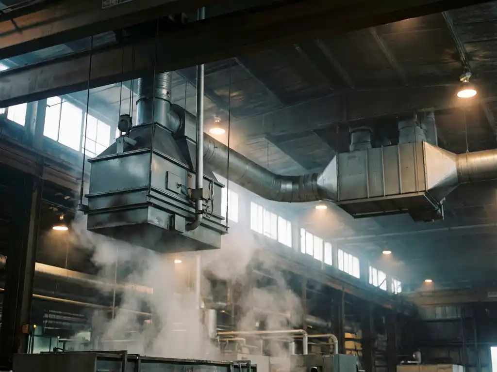 Industrielle Absauganlage an Fabrikdecke zieht Lösungsmitteldämpfe ab, Stahlkanäle führen zu Filtergehäuse im Gegenlicht.