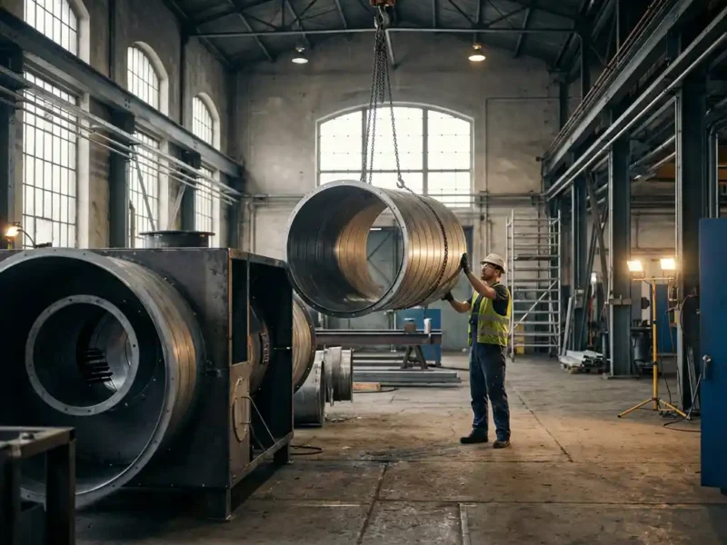 Techniker installiert Stahlkanal einer Industrieabsauganlage in Fabrikhalle mit Betonboden und freiliegendem Metallgerüst.