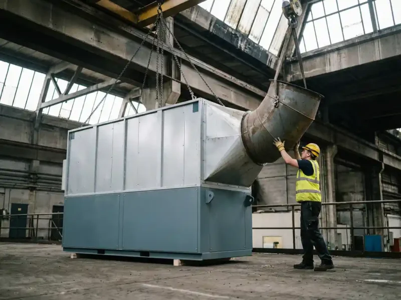 Techniker installiert Stahlkanal einer Industrieabsauganlage in hoher Fabrikhalle mit Betonboden und Stahlträgern.