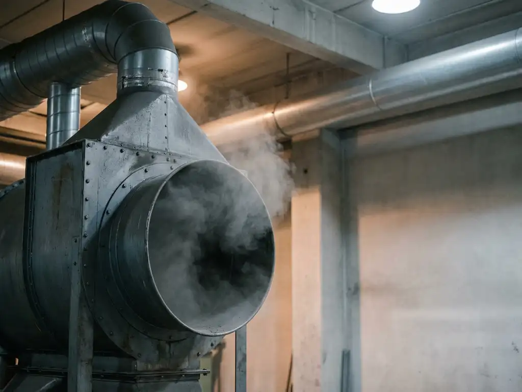 Industrielle Absauganlage auf Fabrikboden zieht sichtbare Staub- und Rauchpartikel in den Ansaugkanal, Metallrohre an Betondecke.