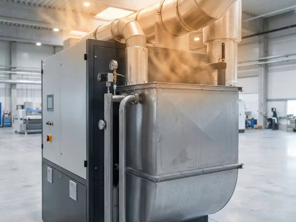 Industrielle Absauganlage mit Wärmetauscher in Produktionshalle, Kondensation auf Stahlrohren, Wärmerückgewinnung sichtbar.