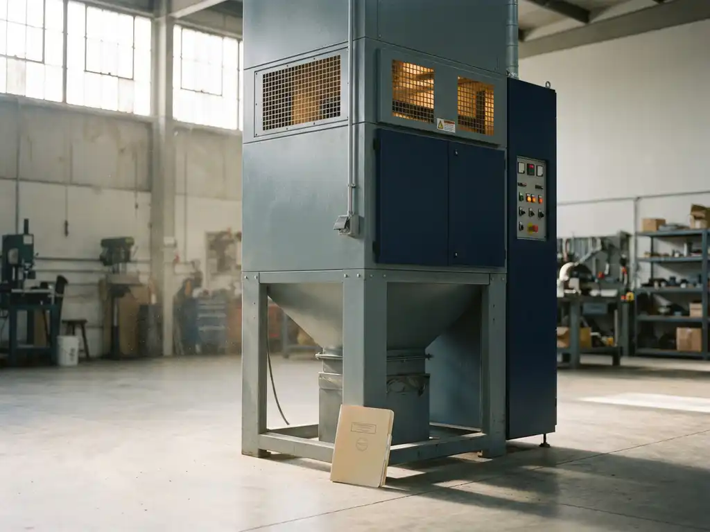 Industrielle Extraktionsanlage auf Fabrikboden mit natürlichem Lichteinfall durch Hallenfenster und Regierungsakte am Sockel.