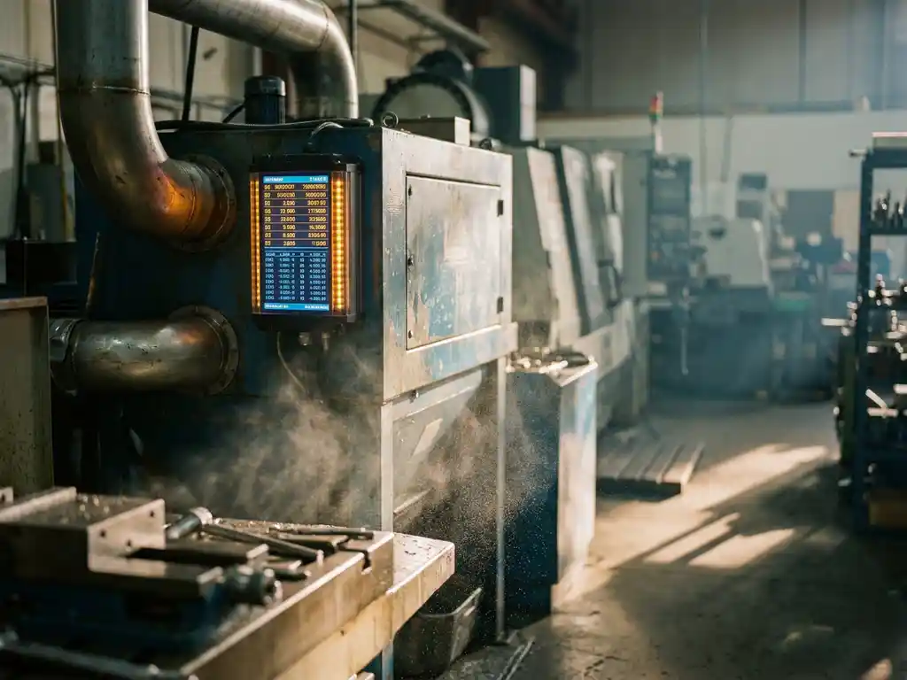 Industrielle Filteranlage in einer Präzisionswerkstatt mit leuchtendem Sensormodul und feinem Metallnebel in der Luft.