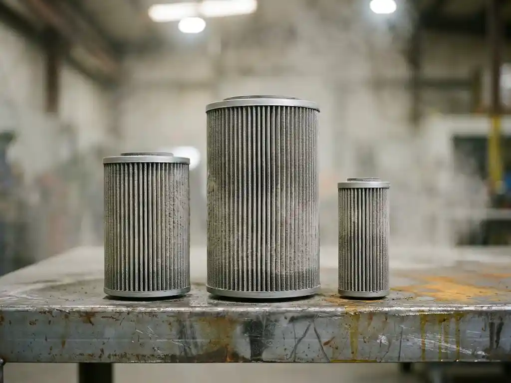 Drei Industriefilterpatronen unterschiedlicher Größe auf Stahloberfläche, mit grauem Staub auf den gefalteten Filtermedien.