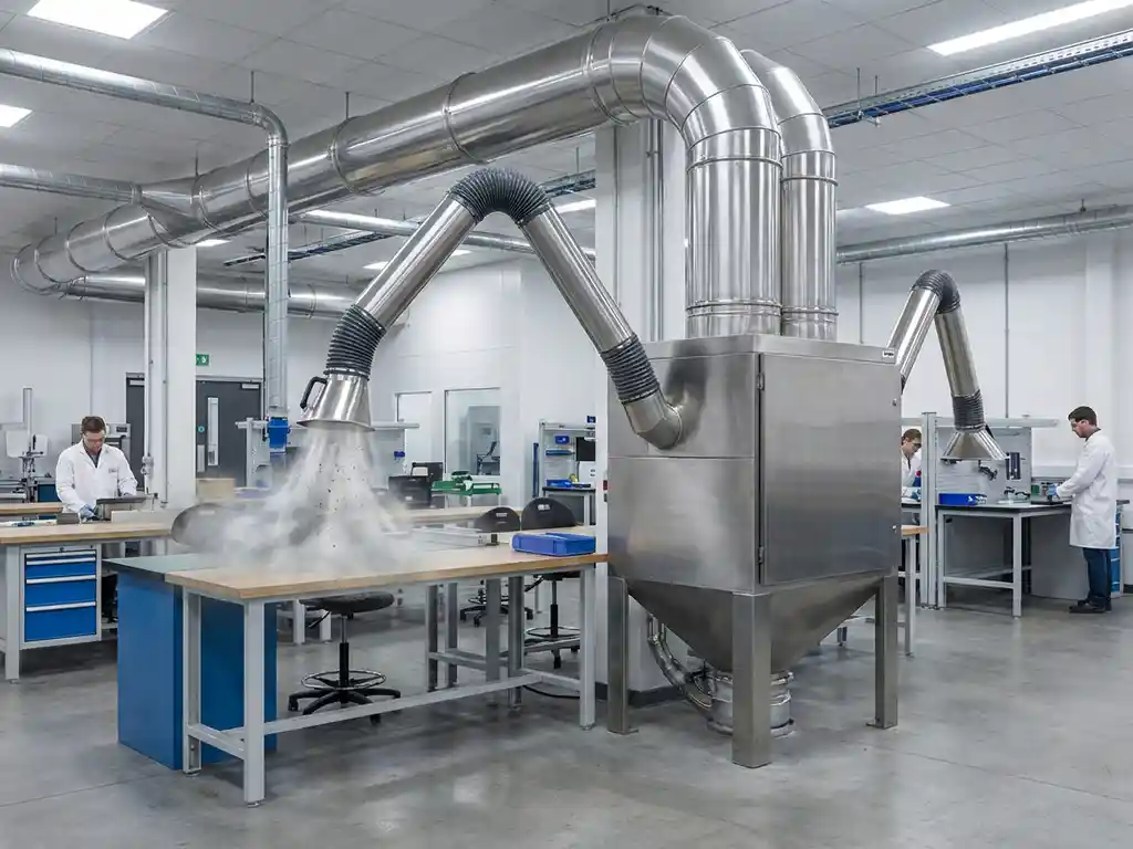 Industrielle Absauganlage mit Edelstahlrohr zieht feine Aerosolpartikel aus einem sauberen Werkstattbereich ab.