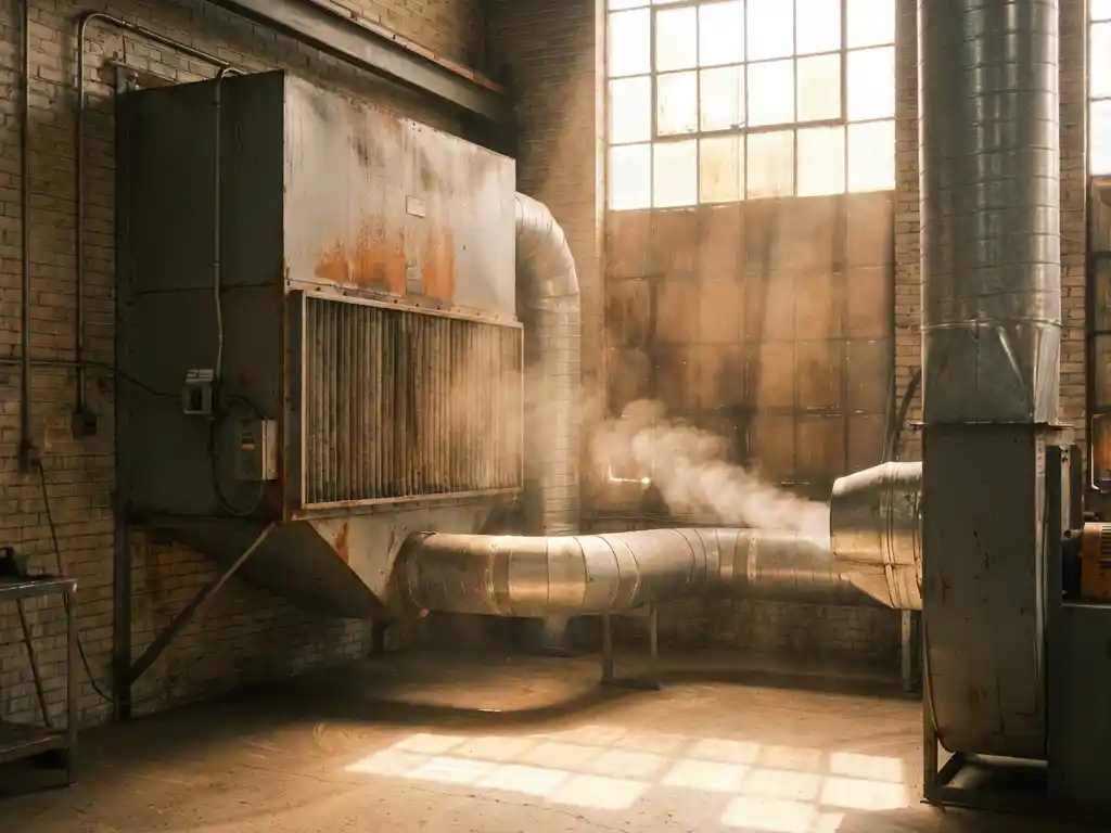 Industrielle Luftfilteranlage an Fabrikwand mit Metallkanälen, goldenes Fensterlicht beleuchtet Betonboden und schwebende Staubpartikel.