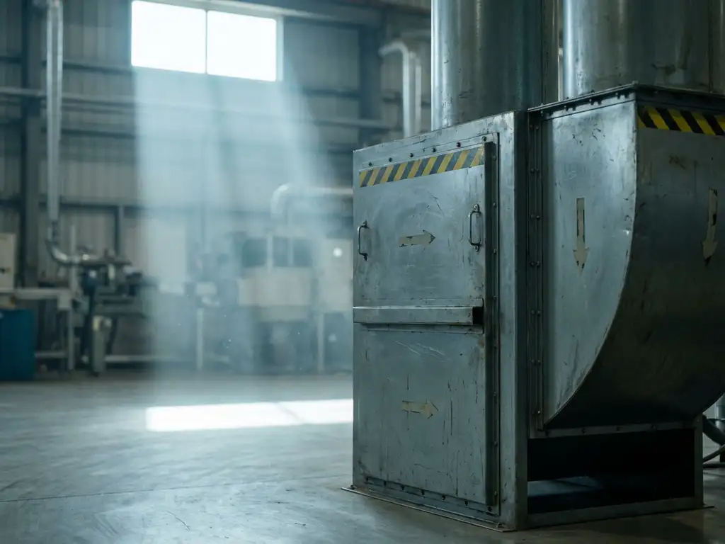 Industrielle Luftfilteranlage in einer Fabrikhalle mit Sicherheitsmarkierungen, leichter Dunst im Tageslicht eines Hallenfensters.