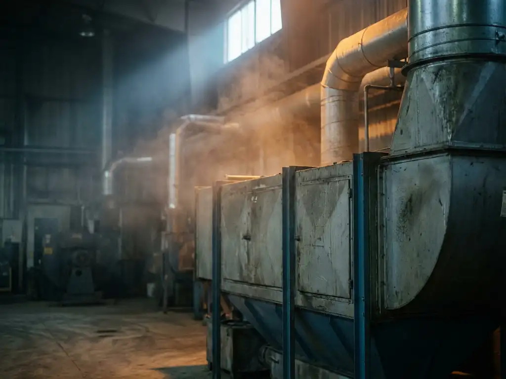 Industrielle Luftfilteranlage in Fabrikhalle mit sichtbarem Dunst, grauem Metallkanal und warmem Lichteinfall durch Hochfenster.