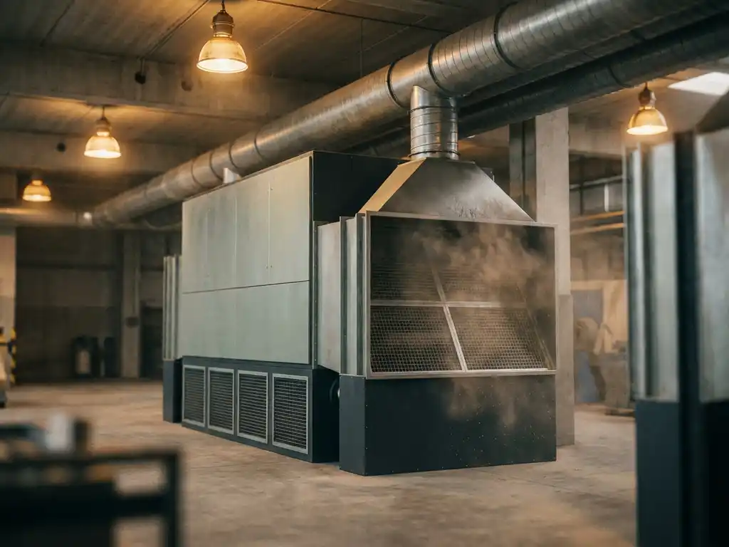 Industrielle Luftfilteranlage in einer sauberen Fabrikhalle mit sichtbaren Feinstaubpartikeln, Lüftungskanälen an Betondecke und warmem Lampenlicht.