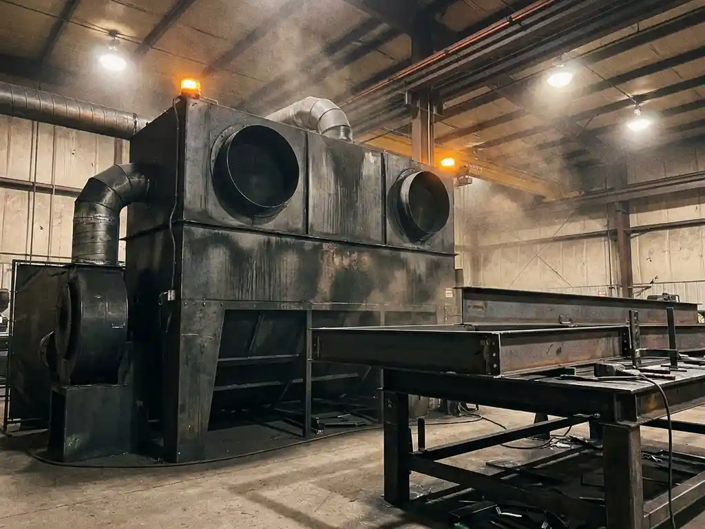 Industrielle Luftfilteranlage in einer Metallwerkstatt mit schwebenden Metallstaubpartikeln und bernsteinfarbenem Warnlicht.