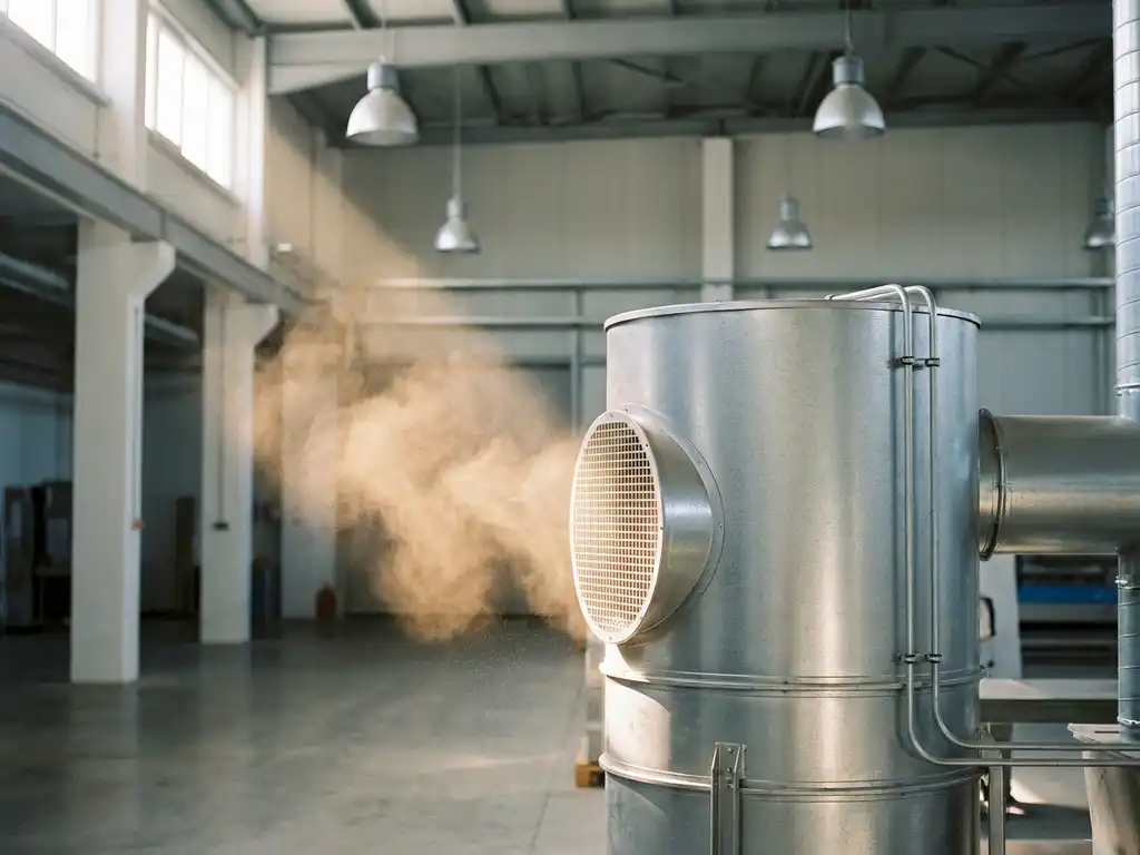 Industrielle Luftfilteranlage in einer Fabrikhalle, feine Staubpartikel im Lichtkegel vor dem Ansaugschacht sichtbar.