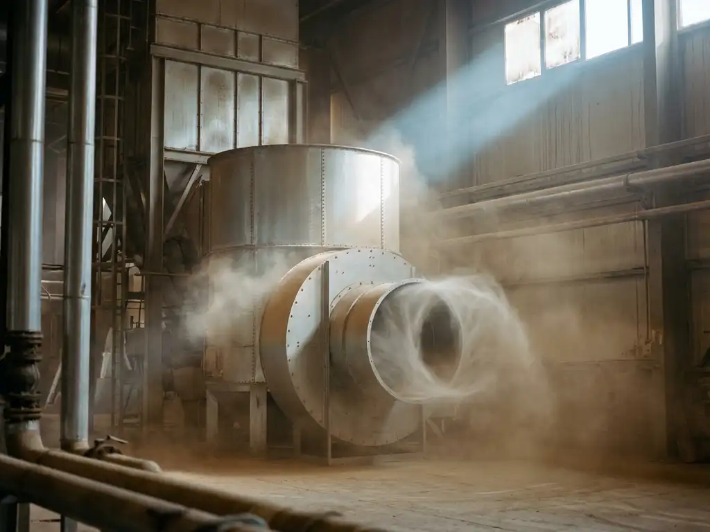 Industrielle Luftfilteranlage in staubiger Fabrikhalle mit sichtbaren Feinstaubpartikeln im einfallenden Tageslicht.