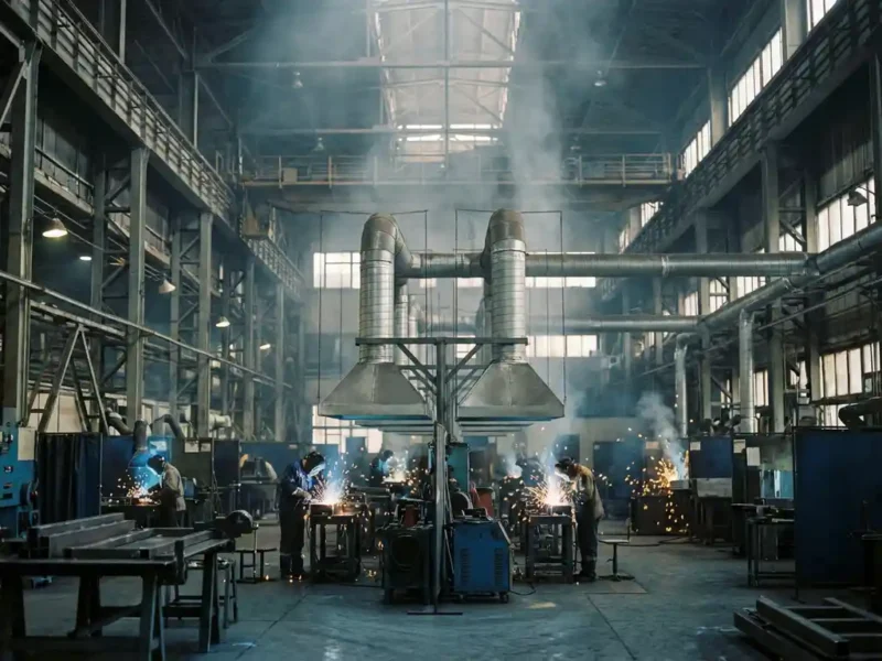 Industrielle Schweißhalle mit mehreren Arbeitsplätzen, aufsteigendem Rauch und goldenen Funken unter zentralen Absauganlagen.
