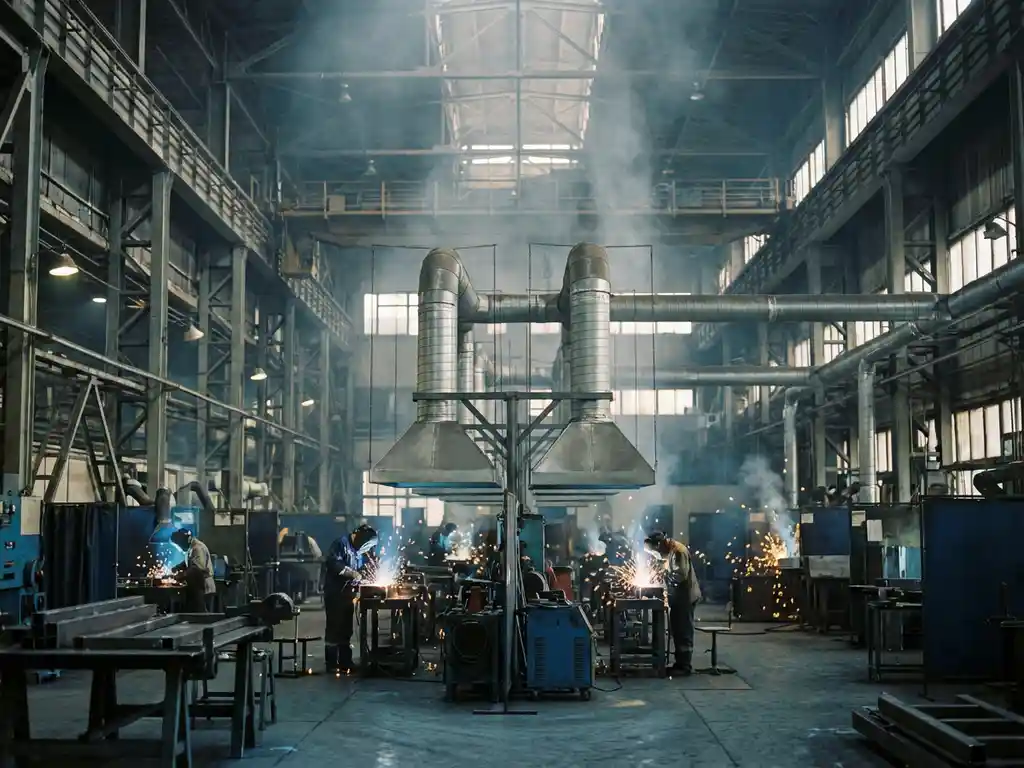 Industrielle Schweißhalle mit mehreren Arbeitsplätzen, aufsteigendem Rauch und goldenen Funken unter zentralen Absauganlagen.