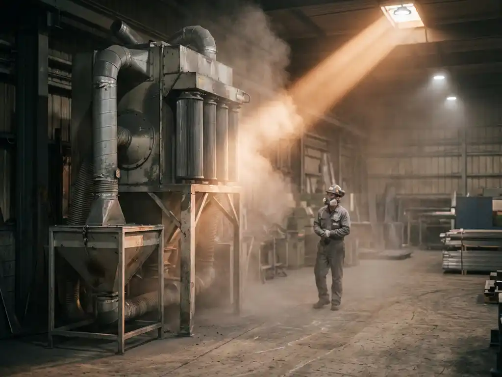 Industrielle Staubabsauganlage auf Betonboden, feiner grauer Staub im Gegenlicht, Arbeiter in Schutzausrüstung im Hintergrund.