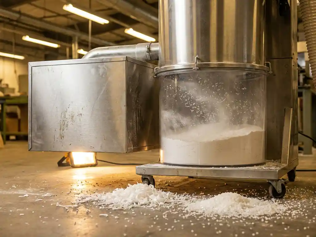 Industrielle Staubabsauganlage saugt feinen weißen Kunststoffstaub auf, Filtergehäuse und Auffangkammer in Werkstattatmosphäre.