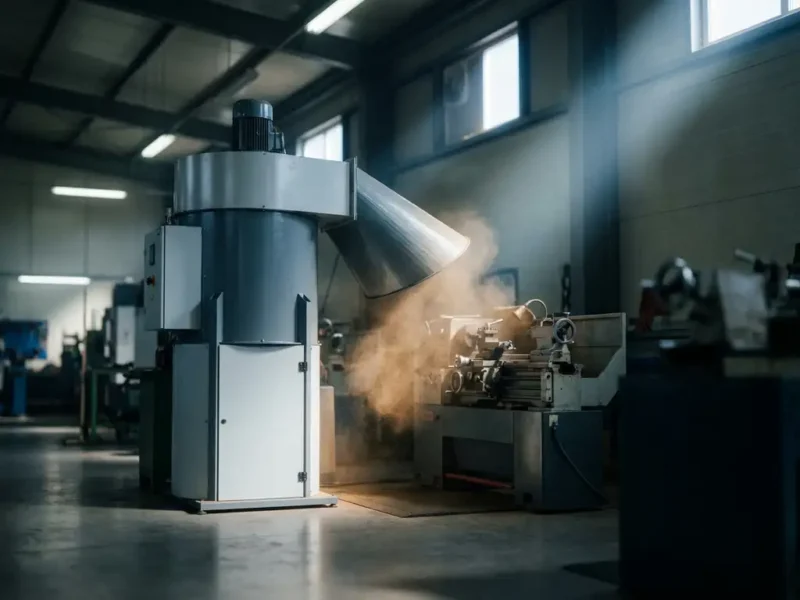 Industrielle Absauganlage auf Fabrikboden zieht staubige Luft an Metallbearbeitungsstation ab, feine Partikel im Tageslichtstrahl sichtbar.