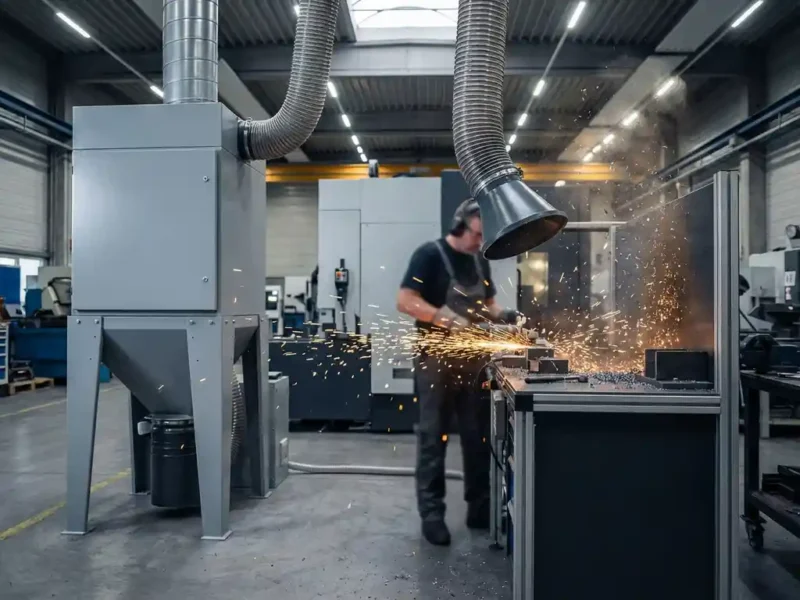 Industrielle Absauganlage über einer Metallschleifstation mit aufwirbelnden Metallpartikeln und Funken in einer Fabrikhalle.
