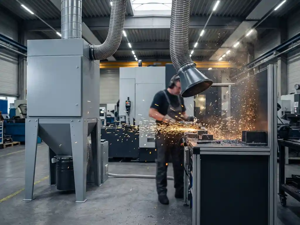 Industrielle Absauganlage über einer Metallschleifstation mit aufwirbelnden Metallpartikeln und Funken in einer Fabrikhalle.