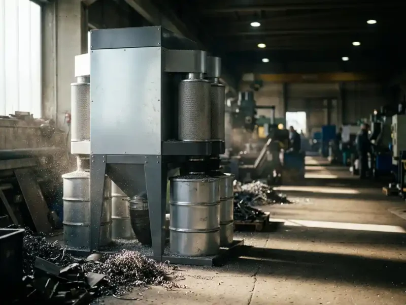 Industrielle Absauganlage auf Betonboden mit feinem Metallstaub in der Luft und Stahlspänen in einer Fertigungshalle.