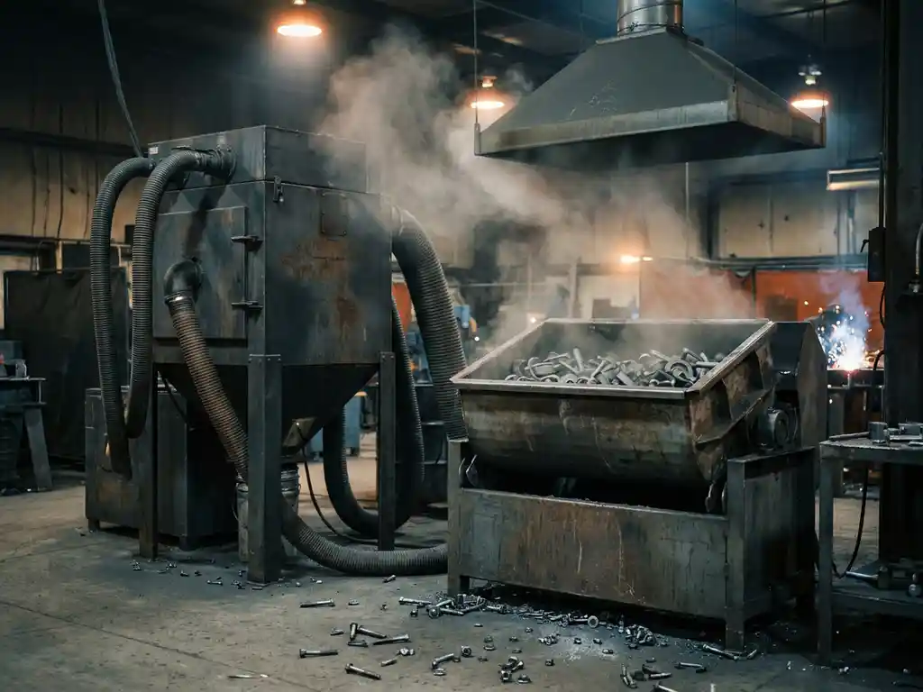 Industrielle Entstaubungsanlage neben Gleitschleifmaschine mit Metallteilen, Metallstaub wird in Absaughaube gezogen, Werkstattboden mit Stahlbauteilen.
