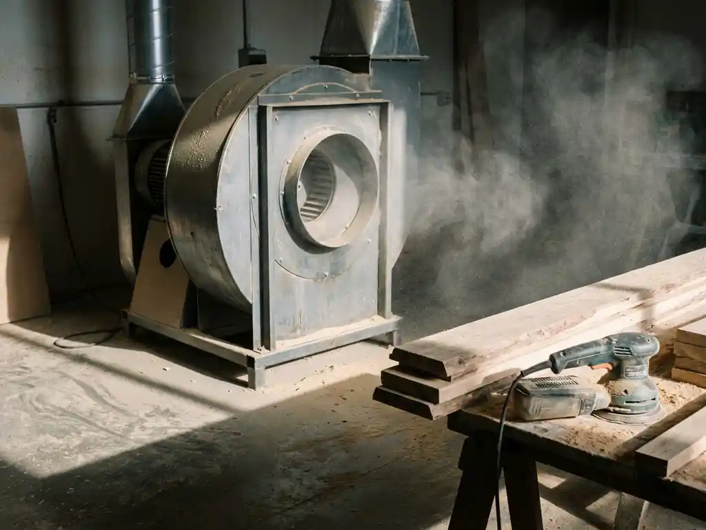 Industrieller Staubsauger auf Betonboden, umgeben von feinem Schleifstaub, Holzplatten und Exzenterschleifer im Vordergrund.