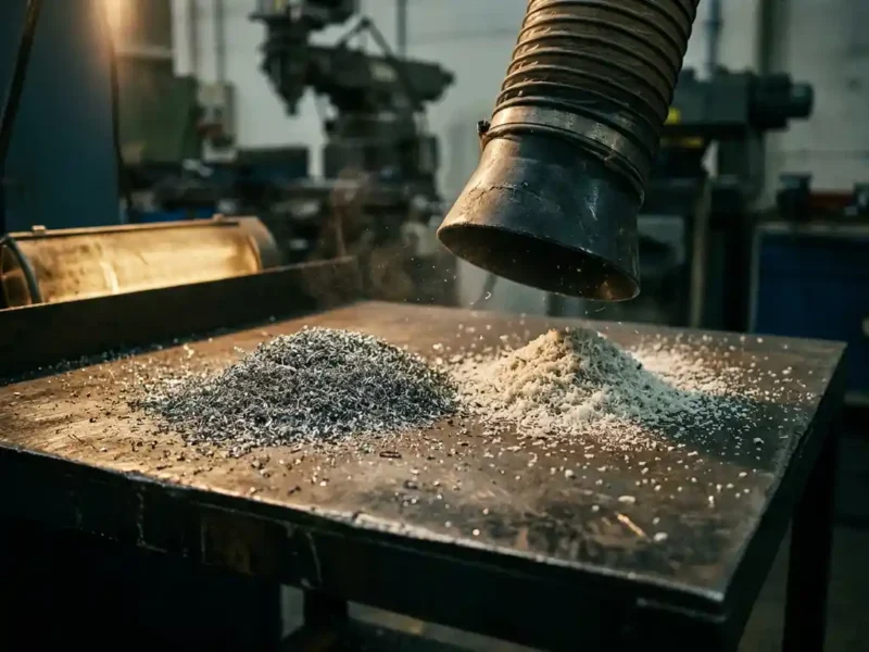 Industriesauger-Düse über Metallspänen und Kunststoffgranulat auf dunkler Stahlwerkbank mit dramatischem Seitenlicht.