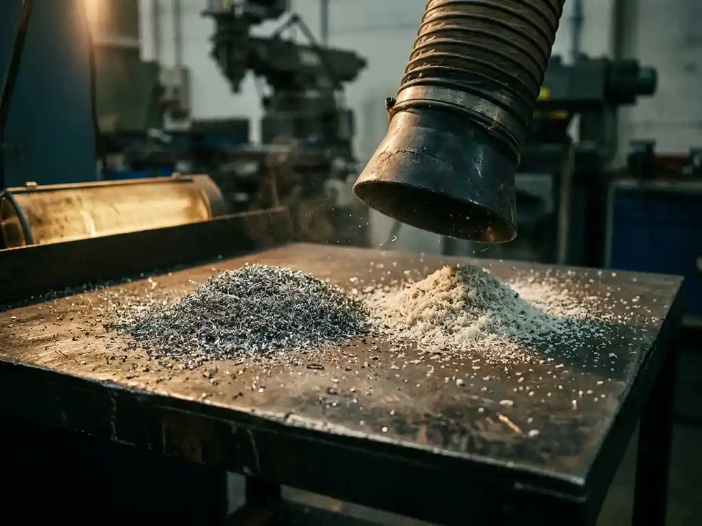 Industriesauger-Düse über Metallspänen und Kunststoffgranulat auf dunkler Stahlwerkbank mit dramatischem Seitenlicht.